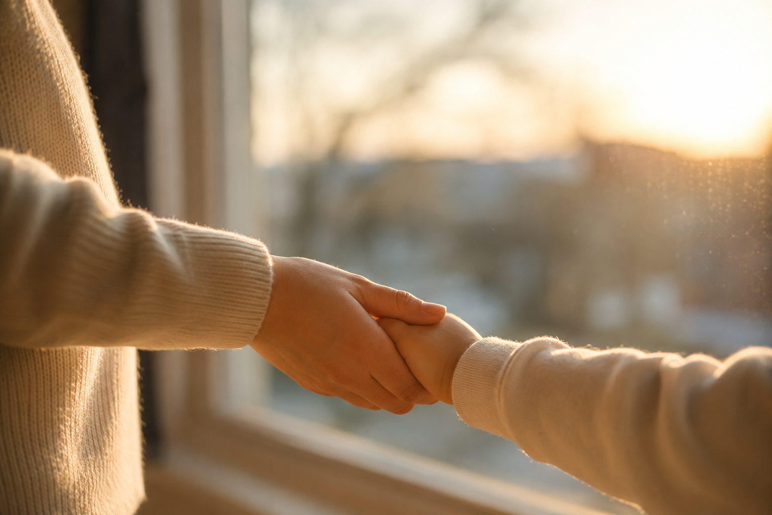 窓越しの光の中で、母と子が手をつないでいる